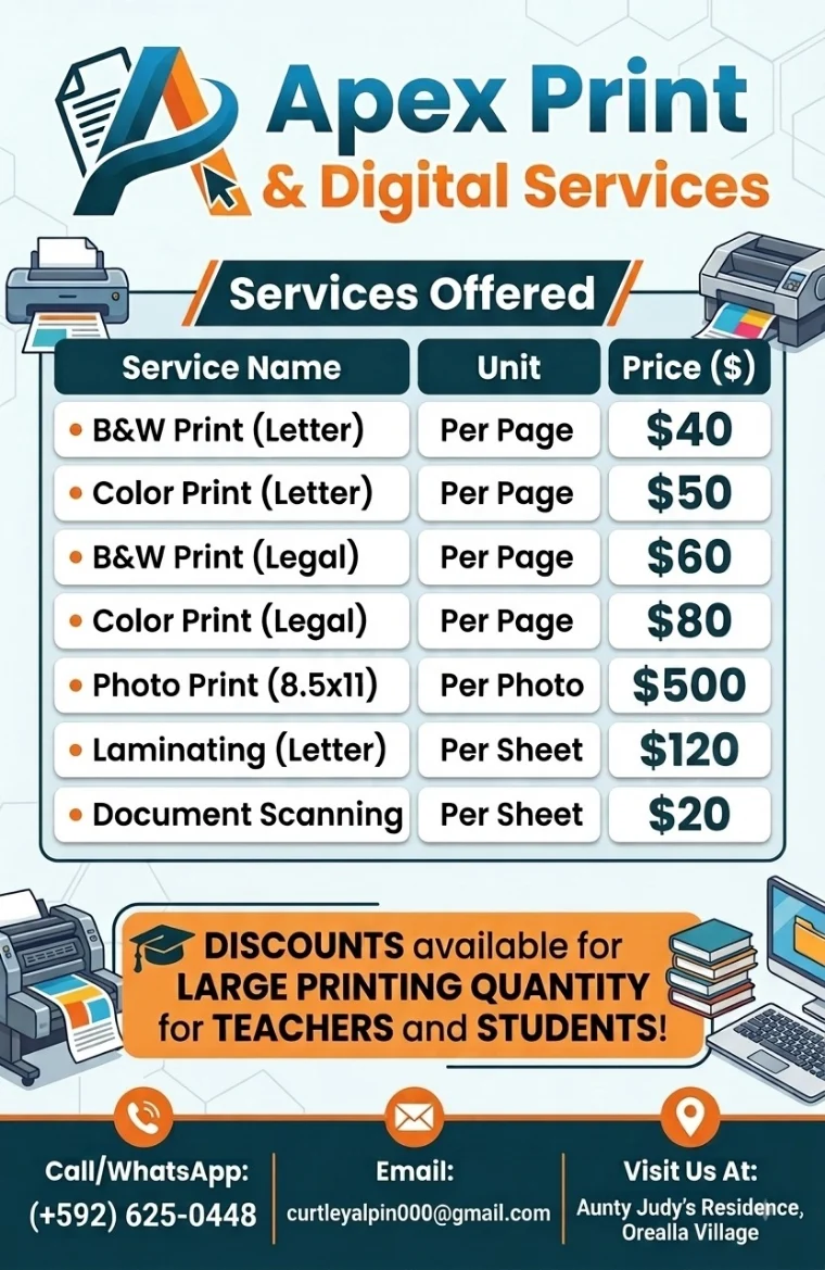 Apex Print and Digital Services price list poster showing all seven services and their rates